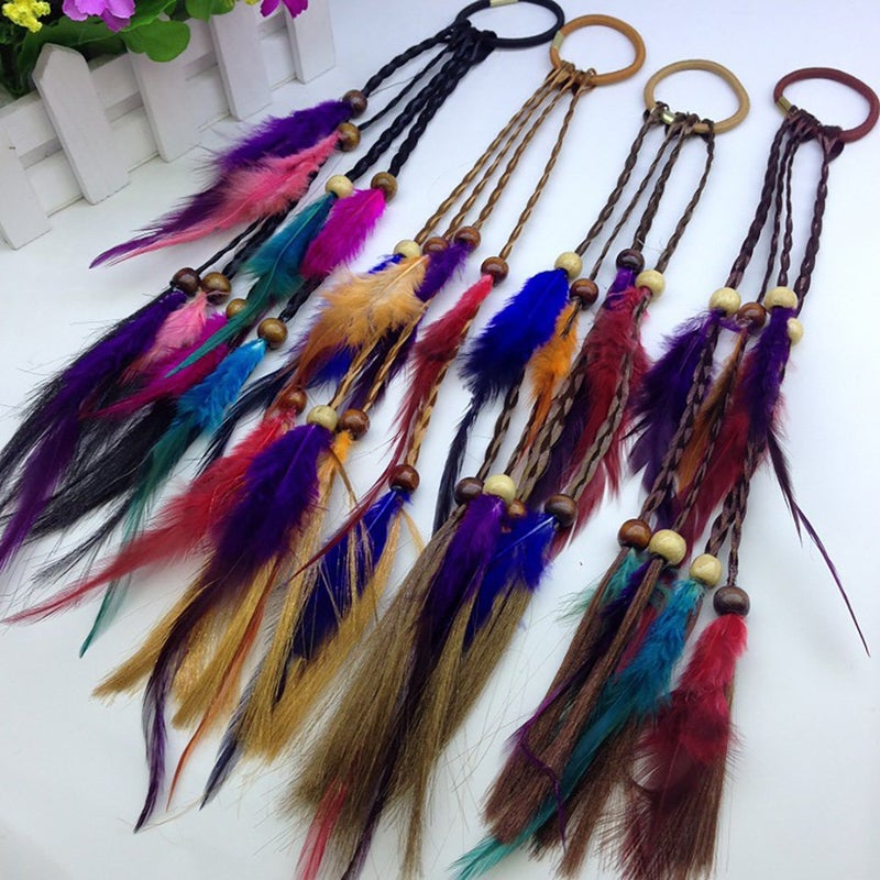 Fodattm 4PCS Women Lady Handmade Boho Hippie Hair Rope Head Wrap Hair Band Headbands Elastics Feather Hair Tie Ponytail Holders Hair Accessories Headdress - Image 2